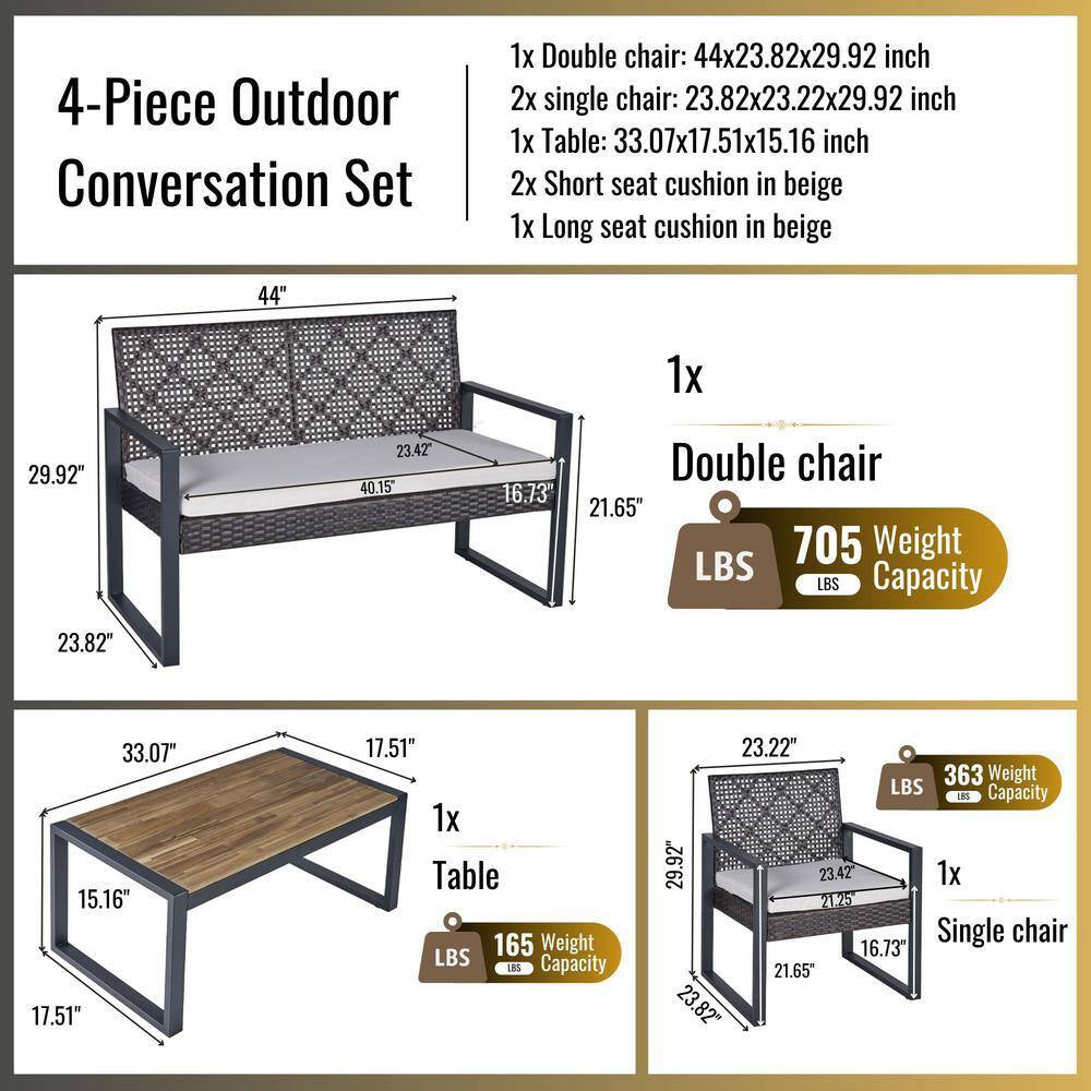 4-Piece Wicker Patio Conversation Set with Cushion, Outdoor Patio Furniture Set with Wood Table Top-Grey Cushions