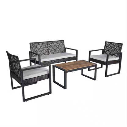 4-Piece Wicker Patio Conversation Set with Cushion, Outdoor Patio Furniture Set with Wood Table Top-Grey Cushions
