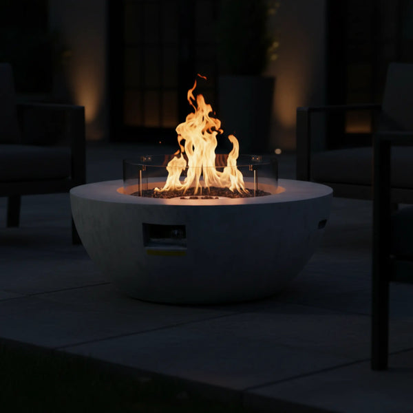 Propane Fire Pit, Outdoor Concrete Gas Fire Pit, 39 in Tabletop with Lava Rocks, Lid,Rain Cover,Adjust Flame Height Camping Firepit for Heating, Lighting, 50000 BTU