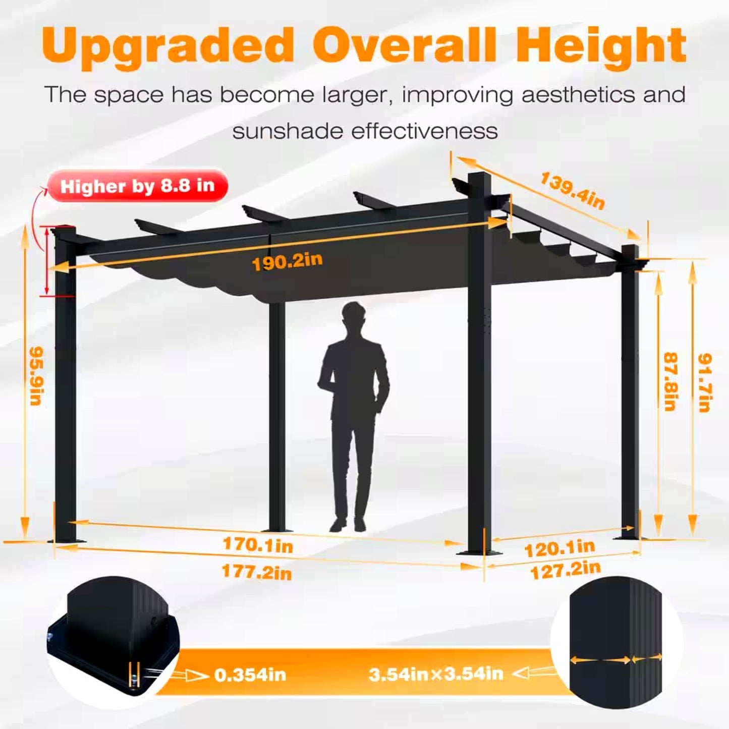 16 Ft. W X 12 Ft. D Aluminum Pergola Outdoor with Dark Gray Retractable Canopy